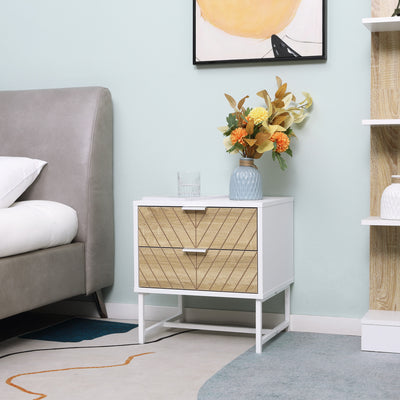 White and Oak Bedside Table with 2 Drawers and Metal Frame for Bedroom or Living Room