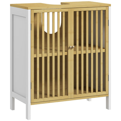 Retro Bamboo Under Sink Cabinet With Cut Out Doors Ideal For Bathroom Storage