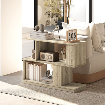 S Shaped Wooden Side Table with Storage Shelf for Living Room or Bedroom, Natural Wood