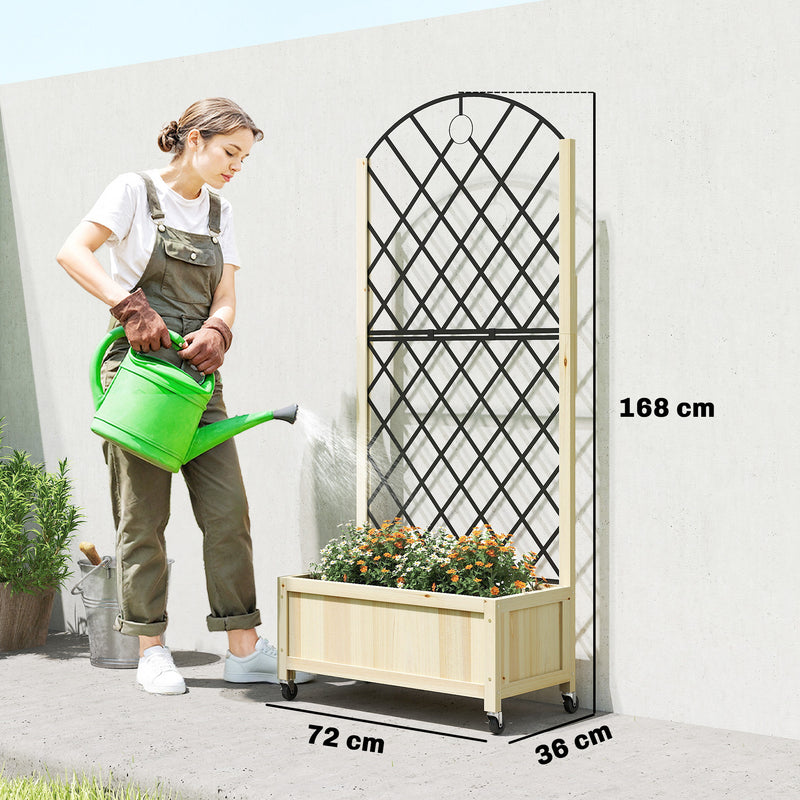 Wooden Raised Garden Planter with Trellis and Wheels for Privacy and Climbing Plants Natural Outsunny