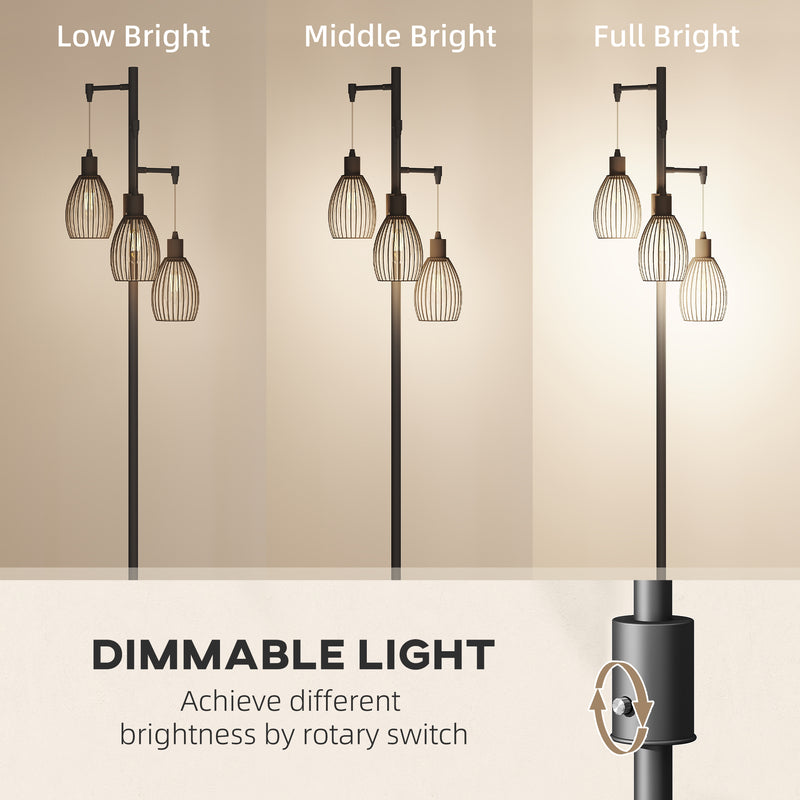 Industrial 3 Light LED Floor Lamp Dimmable Steel Cage Design For Living Room, Black