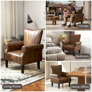 Upholstered Accent Chair with Rolled Arms and Wooden Legs for Lounge or Bedroom, Brown