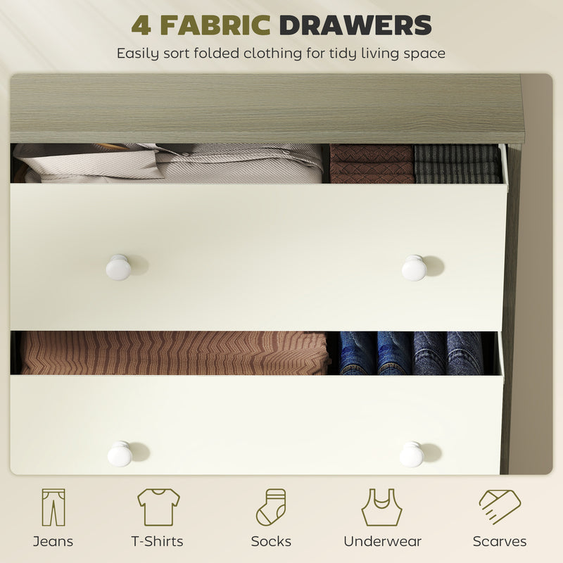 4 Drawer Fabric Chest Of Drawers With Steel Frame For Bedroom Or Hallway, White Grey