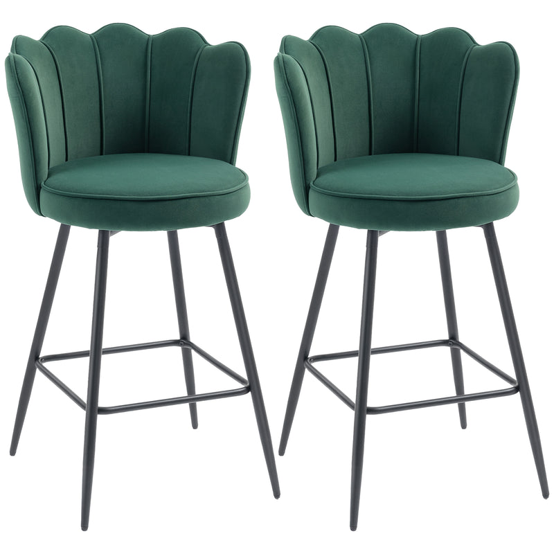 Set of 2 Dark Green Velvet Bar Stools with Swivel Seats and Backrest for Kitchen Counters