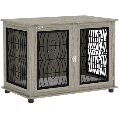 Large Dog Crate End Table With Soft Cushion and Lockable Door for Indoor Use Grey