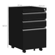 3 Drawer Steel Filing Cabinet With Lock For A4 Legal And Letter Files On Wheels, Black