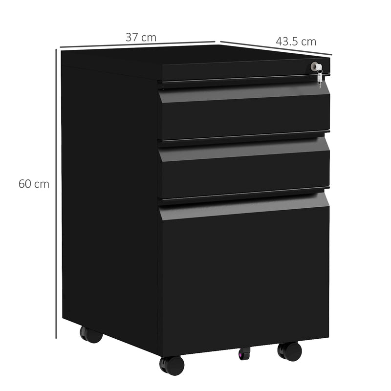 3 Drawer Steel Filing Cabinet With Lock For A4 Legal And Letter Files On Wheels, Black