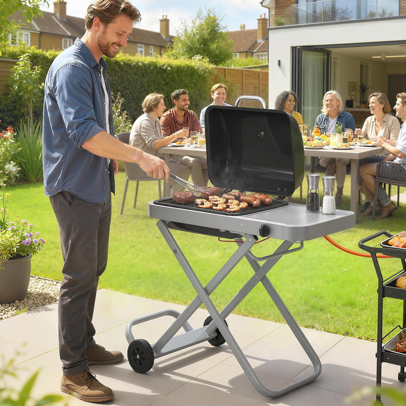 Portable Folding Gas BBQ Grill with Wheels, 1800cm² Cooking Area and Side Shelf, Black Outsunny