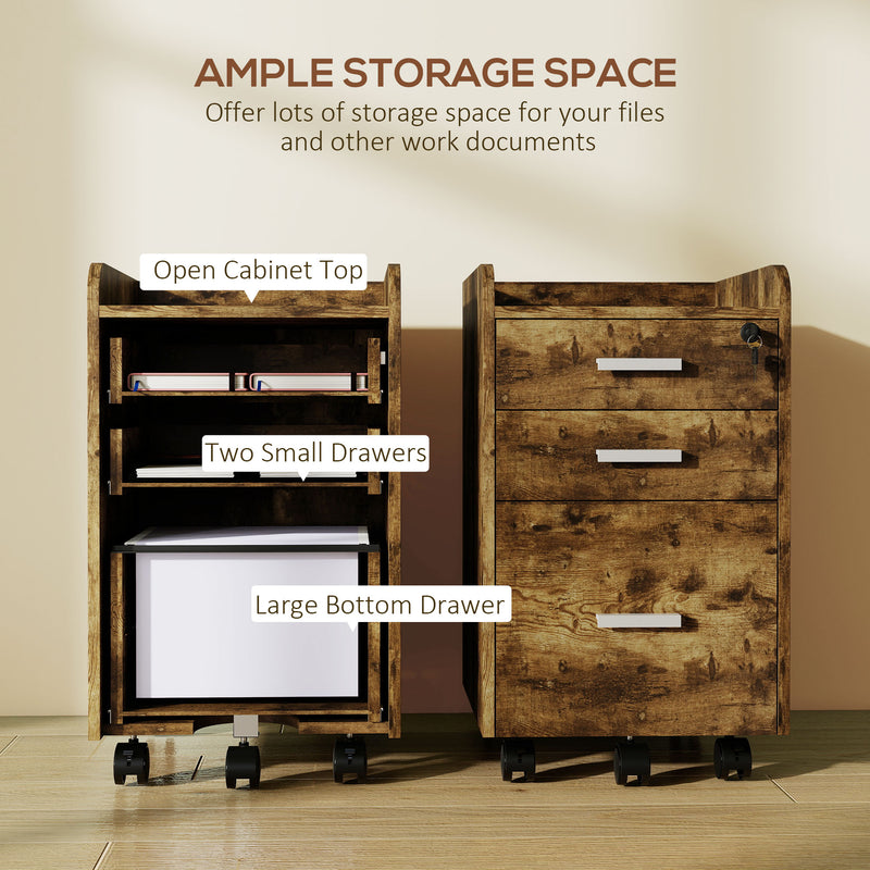 3 Drawer Lockable Mobile Filing Cabinet For Home Office Storage, Rustic Brown Homcom