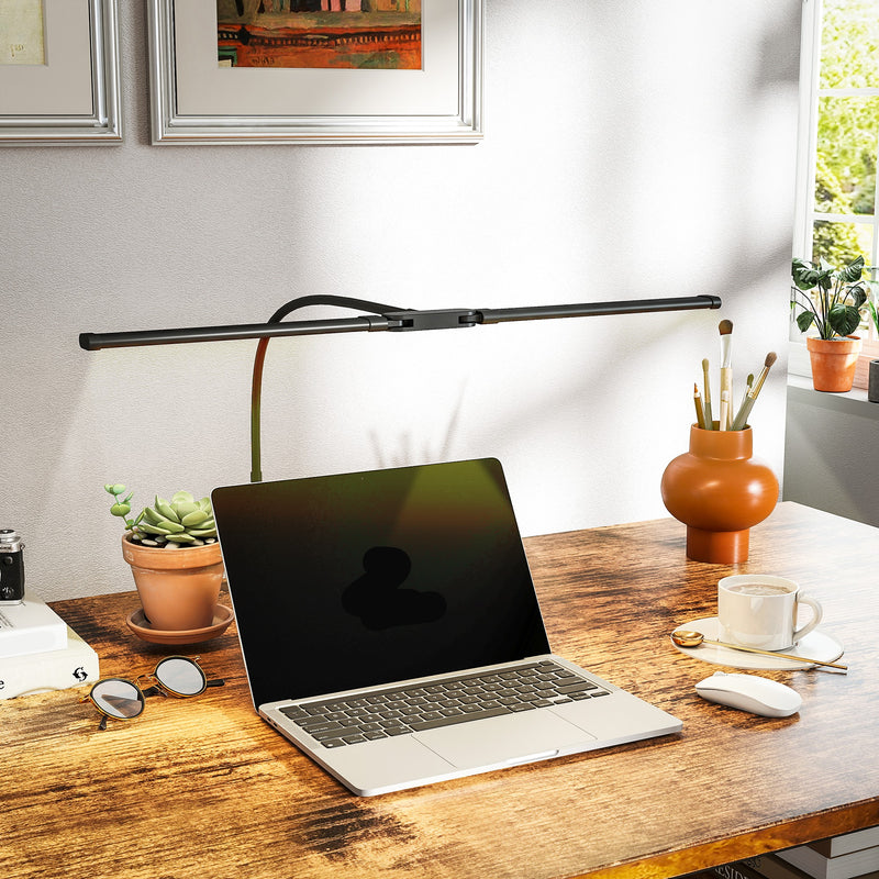 Black LED Clamp Desk Lamp With Double Head And Gooseneck For Office Or Study Use AOSOM