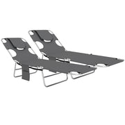 Dark Grey Folding Sun Loungers Set of 2 with Adjustable Backrest and Pillow for Garden or Beach