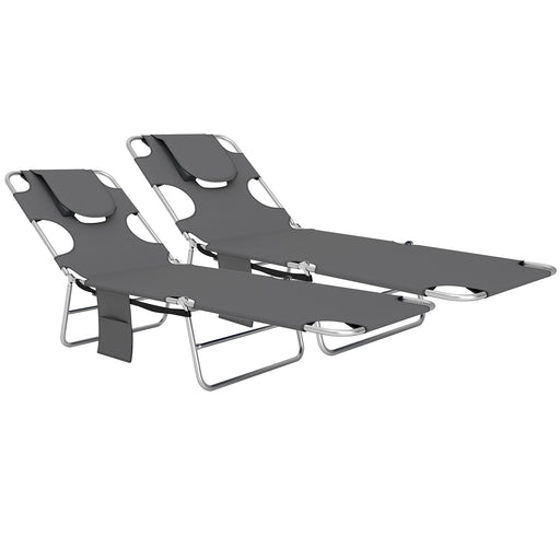 Dark Grey Folding Sun Loungers Set of 2 with Adjustable Backrest and Pillow for Garden or Beach