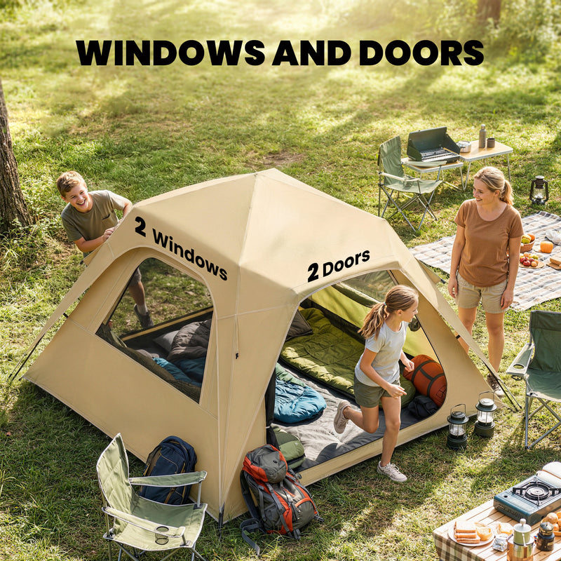 Pop Up Family Tent for 3 to 4 People with Instant Setup and All Weather Protection Khaki