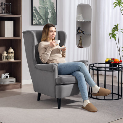 Dark Grey Velvet Accent Chair with High Back and Cushion for Living Room or Bedroom