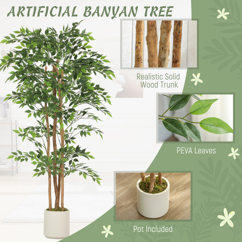 HOMCOM 180cm Artificial Ficus Tree, Fake Potted Tree with Solid Wood Trunk and Pot for Indoor, Green