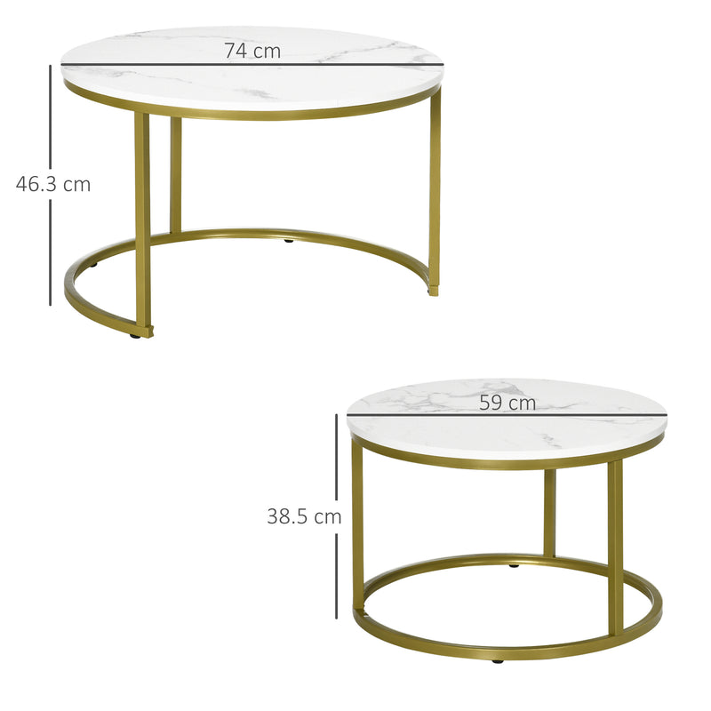 Round Nesting Coffee Table Set of 2 with Faux Marble Tops for Living Room White
