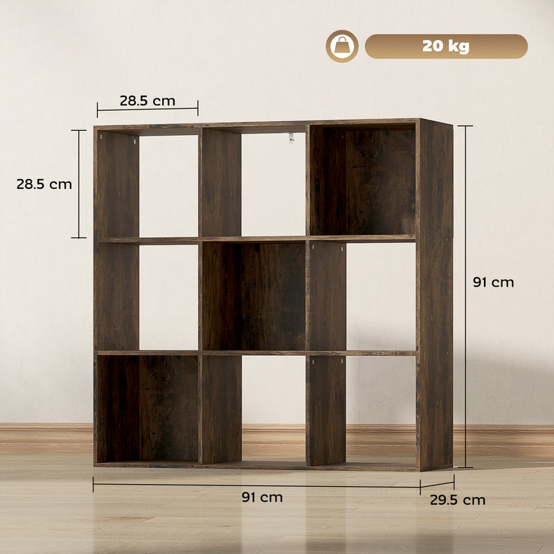 Nine Cube Storage Shelf Unit With Open Compartments For Home or Office, Rustic Brown