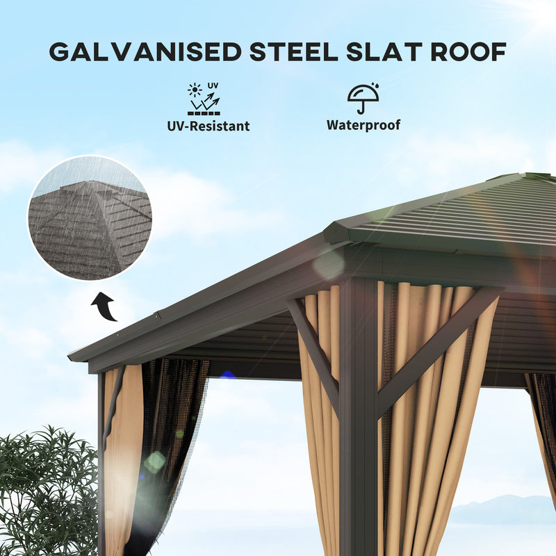 Brown 3m x 3m Metal Hardtop Gazebo with Curtains and Accessories by Outsunny