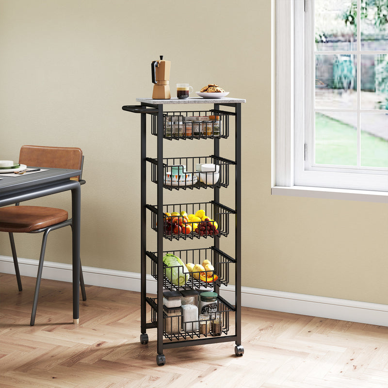 Mobile Kitchen Island with Five Storage Baskets and Lockable Wheels for Easy Movement Grey Black