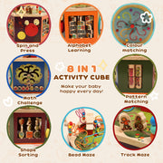 8 in 1 Wooden Activity Cube with Bead Maze and Shape Sorter for Toddlers 18 Months+ Natural AOSOM