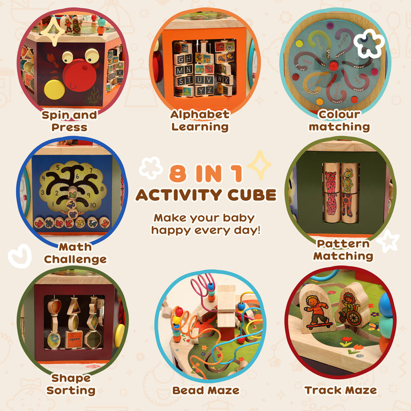 8 in 1 Wooden Activity Cube with Bead Maze and Shape Sorter for Toddlers 18 Months+ Natural AOSOM