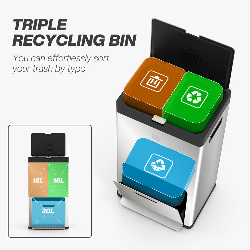 56L Stainless Steel Triple Kitchen Recycling Bin With Deodoriser Holders and Wheels by HOMCOM