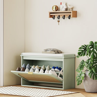Boho Shoe Storage Bench With Cushion Seat And Flip Drawer For Hallway Light Green