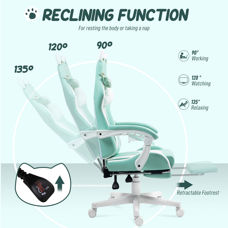 Reclining Office Chair with Cat Ear Design and Footrest for Home or Study Light Blue White
