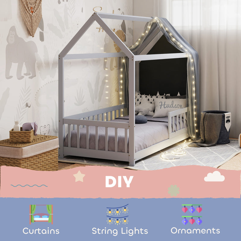 Toddler Bed with House Frame and Guard Rails for Safe and Cosy Sleep Grey