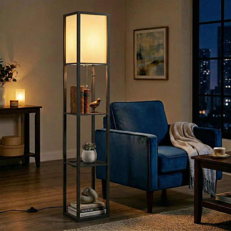 Floor Lamp with Shelves for Extra Storage and Soft Lighting in Small Spaces Black Homcom