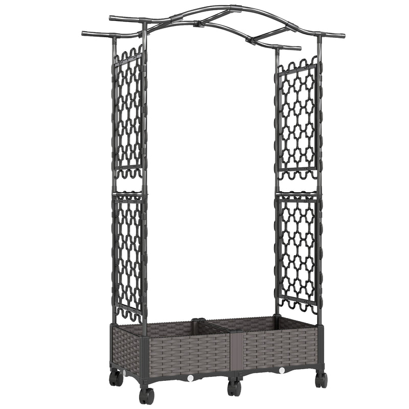 Raised Garden Planter with Trellis Arch and Wheels for Climbing Plants and Easy Movement, Black Outsunny