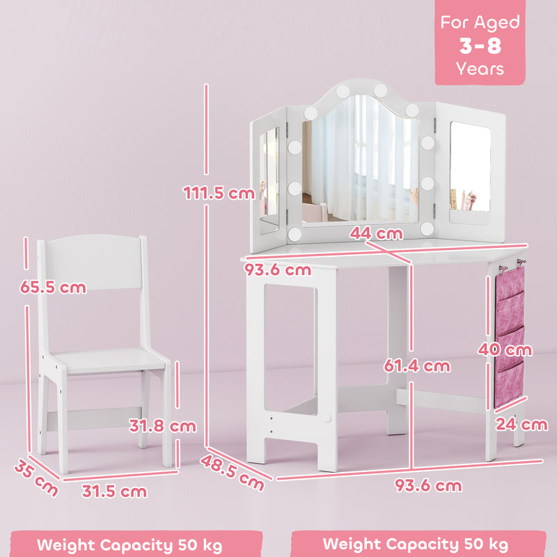 Kids Vanity Table and Stool Set with LED Lights and Folding Mirror for Bedroom White