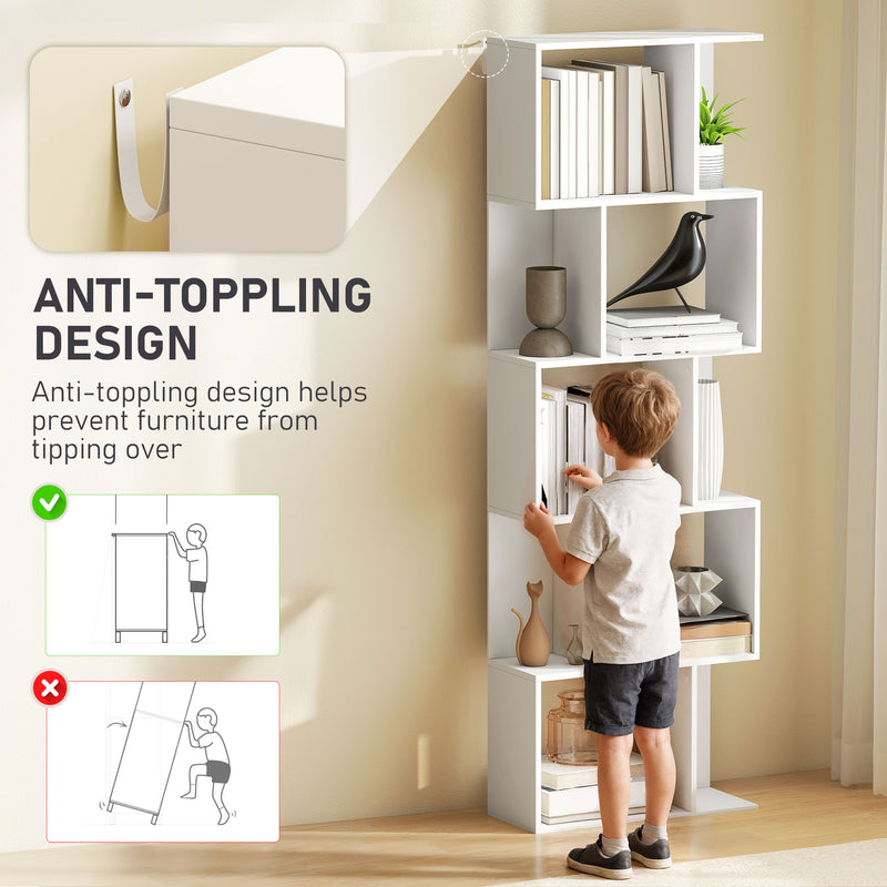 White Bookcase - Modern 5 Tier S Shaped Design For Home Office or Living Room - 60x24x185cm Homcom