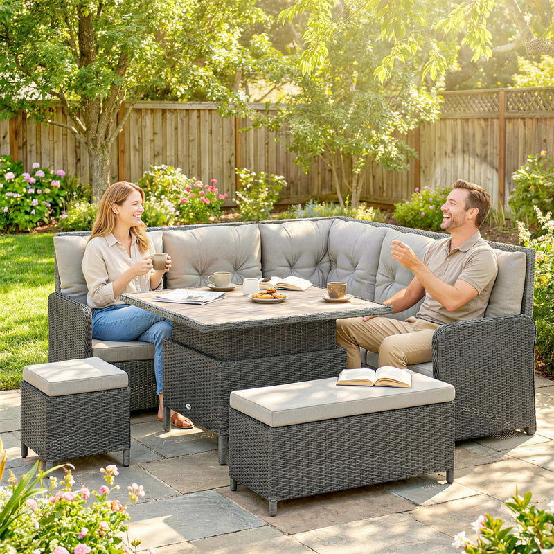 6-Piece Rattan Garden Furniture Set with Height-Adjustable Coffee Table, Dark Grey & Cream Outsunny