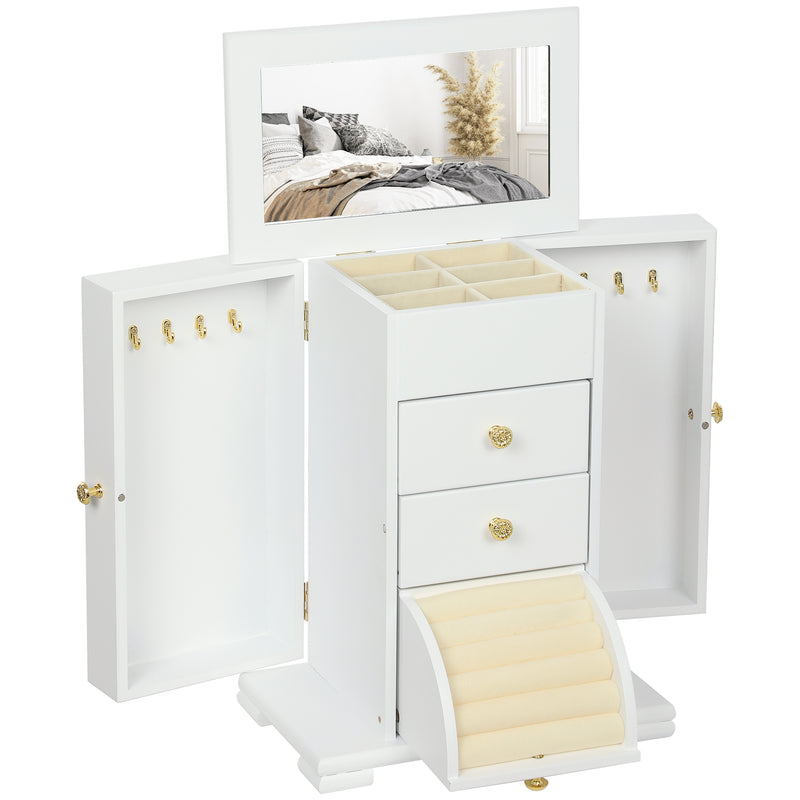 4 Tier Jewellery Storage Box with Mirror and Drawers for Organising Accessories White