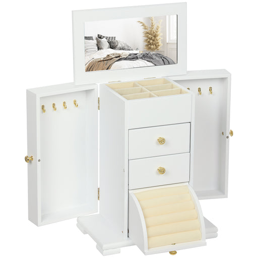 4 Tier Jewellery Storage Box with Mirror and Drawers for Organising Accessories White
