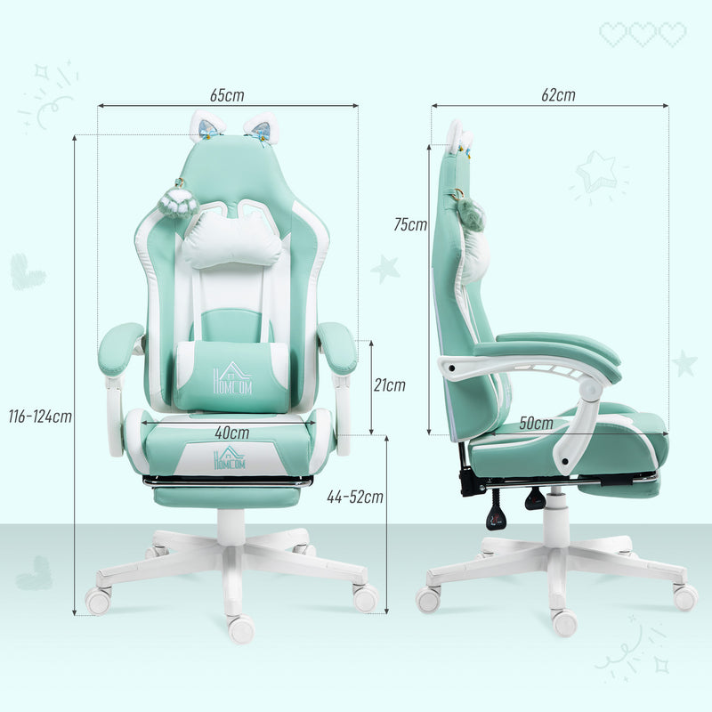 Reclining Office Chair with Cat Ear Design and Footrest for Home or Study Light Blue White