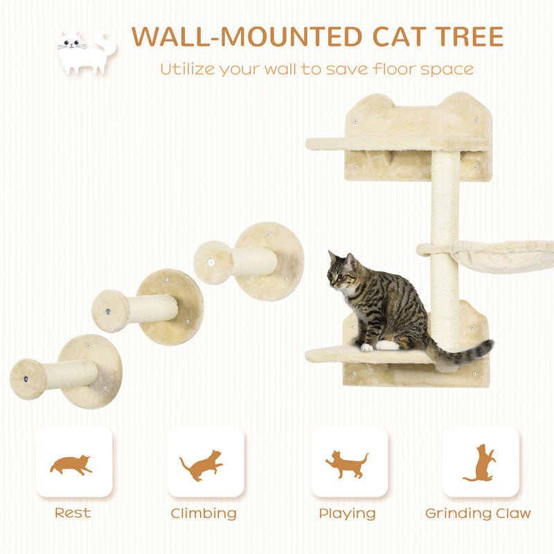 Wall Mounted Cat Tree with Scratching Post for Indoor Cats 4 Piece Space Saving Set Beige