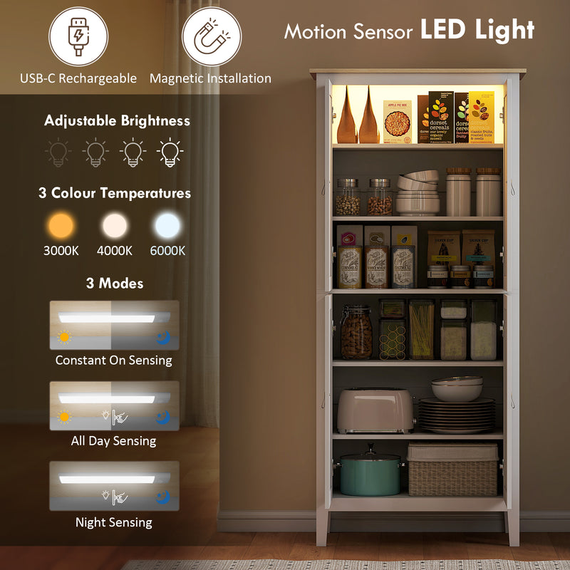 Tall Kitchen Pantry Cupboard with Adjustable Shelves and Motion Sensor Light White