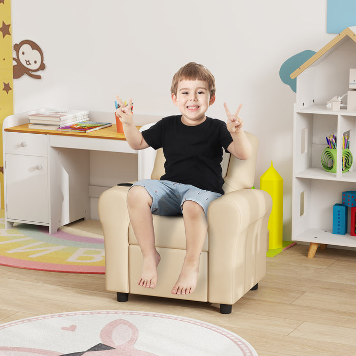 Kids Recliner Chair PU Leather with Adjustable Backrest Footrest and Padded Headrest Beige by HOMCOM