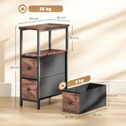 Slim Bedside Table With USB Charging Station and 2 Storage Drawers For Bedroom or Living Room, Industrial Style