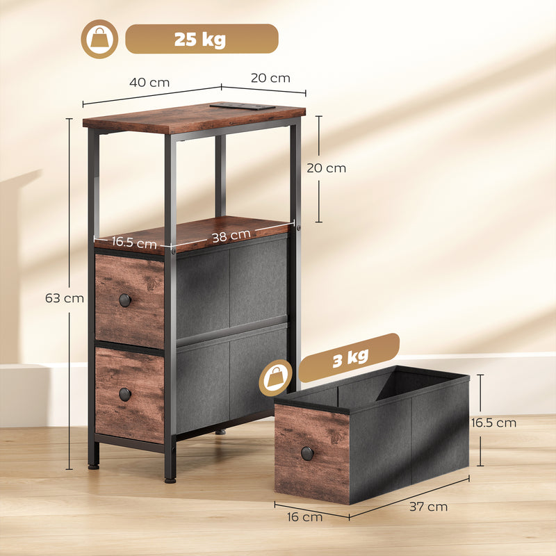 Slim Bedside Table With USB Charging Station and 2 Storage Drawers For Bedroom or Living Room, Industrial Style