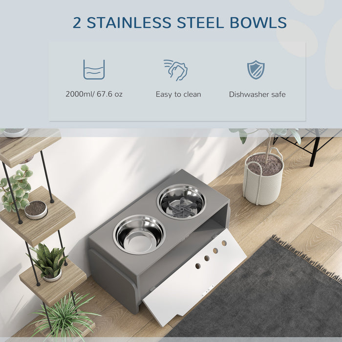 Adjustable Raised Dog Bowl Stand with Storage Slow Feeder Mat and 2 Steel Bowls by PawHut