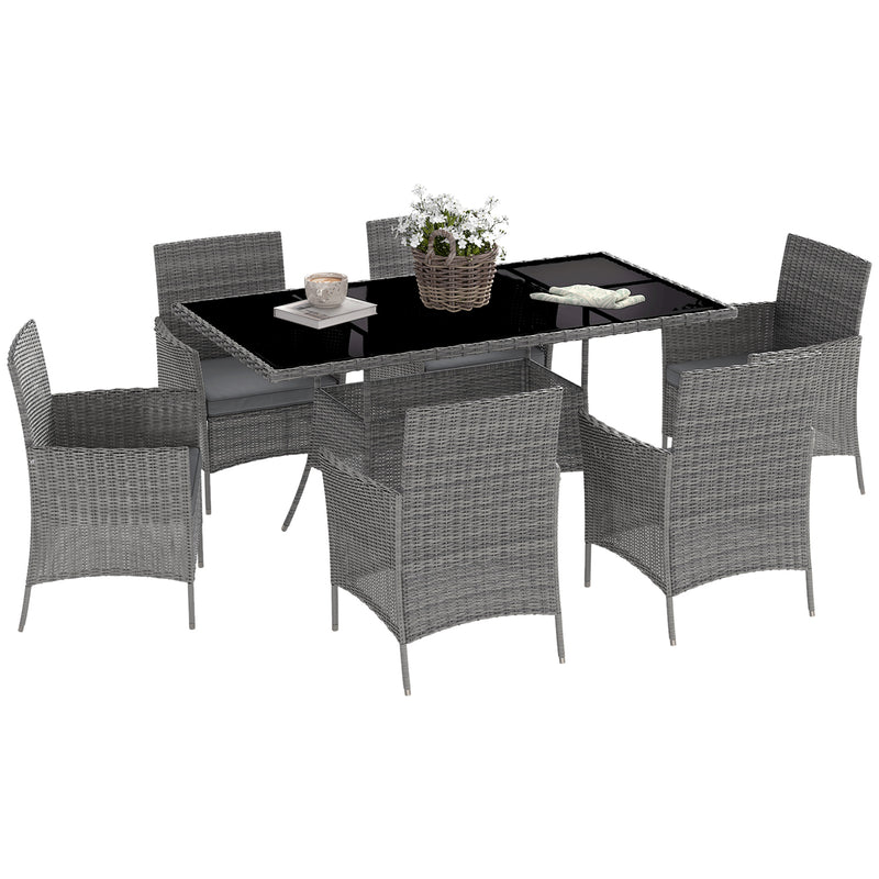7 Seater Rattan Garden Dining Set With Cushions and Glass Top Table Charcoal Grey by Outsunny