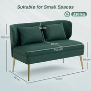 2 Seater Sofa, Dark Green Linen Look Sofa with Wing Back and Gold Metal Legs for Small Spaces
