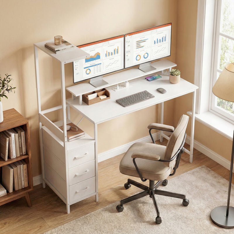 Computer Desk with Monitor Stand and Built-In Charging Hub for Home Office or Gaming White AOSOM