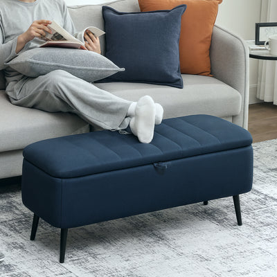 Linen Look Storage Ottoman Bench With Lift Up Lid For Living Room Or Bedroom Dark Blue