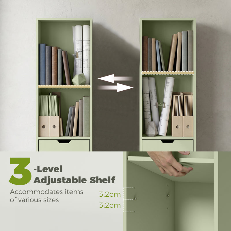 Slim Bookcase With Drawer and Cupboard for Small Room Storage Green