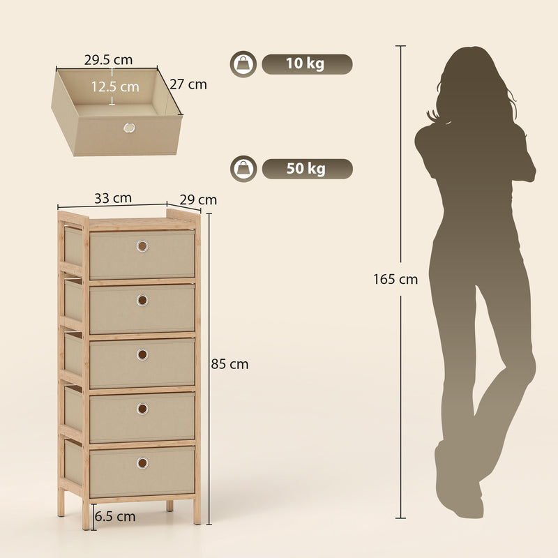 Slim Chest of Drawers for Small Bedrooms with Five Fabric Storage Drawers Natural Finish AOSOM