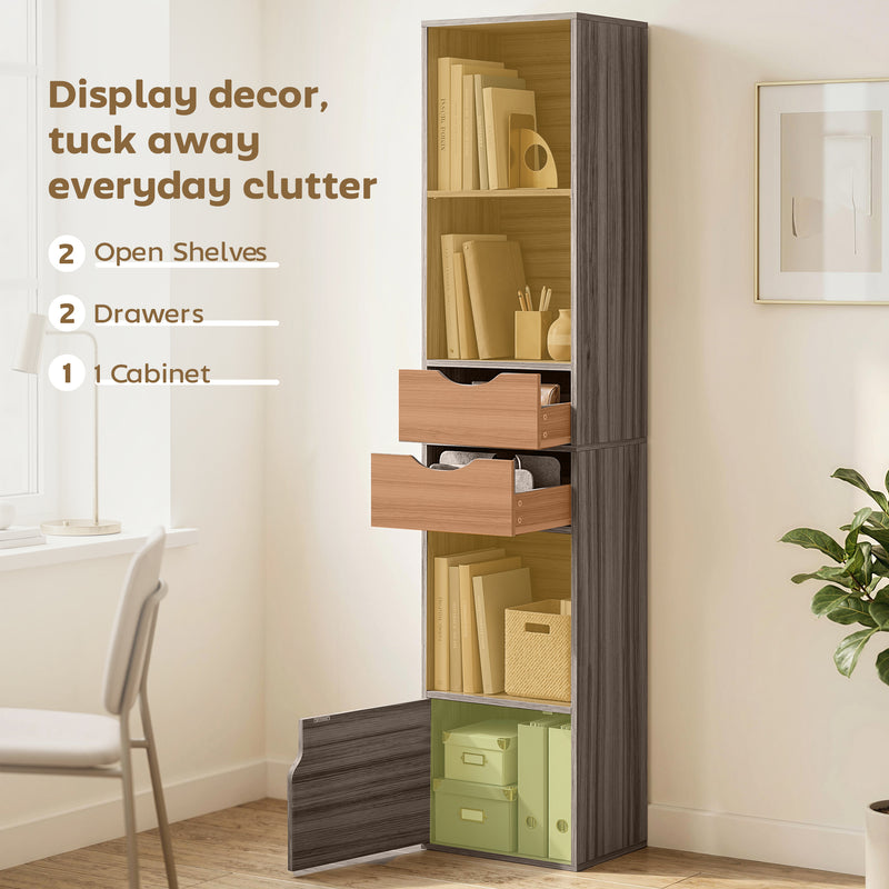 Slim Corner Bookcase with Shelves Drawers and Cabinet for Small Spaces Grey AOSOM